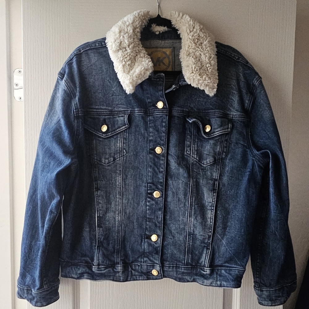 MK Denim Jean Jacket Removable Fur Color Copper Buttons Pockets Womens L New